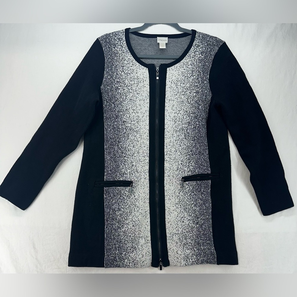 Chicos‎ Cardigan Black White Ombre Full Zip Pockets Sweater Womens Size 1 US 8